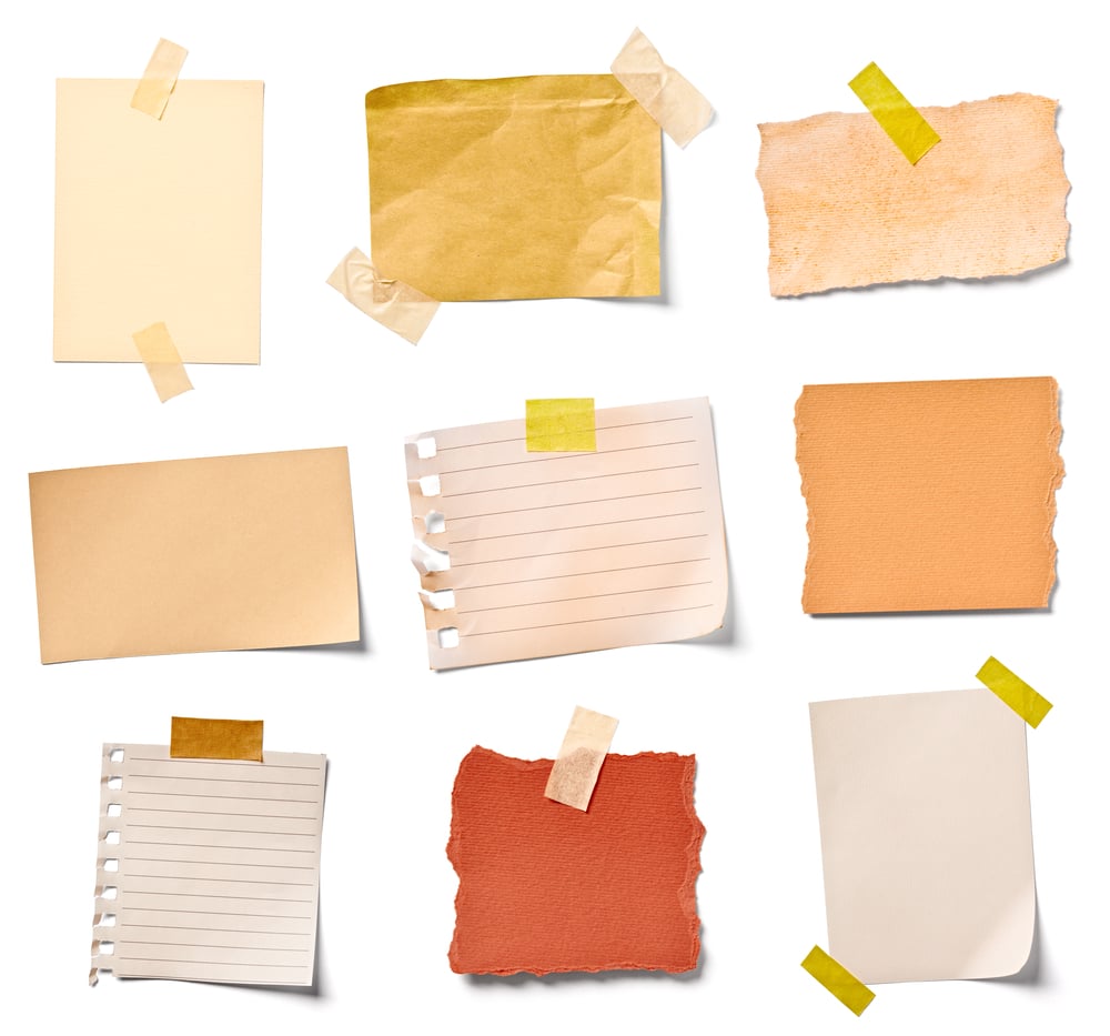 collection of  various vintage note papers on white background. each one is shot separately